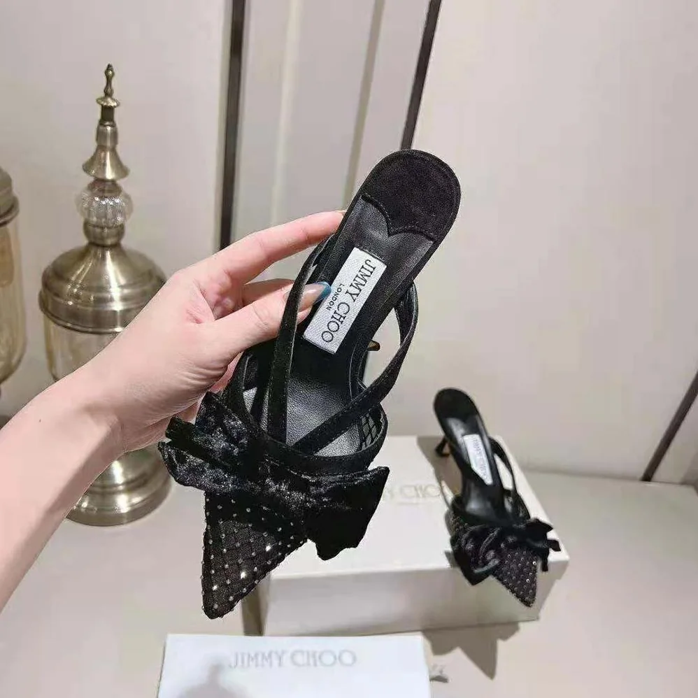 Jimmy Choo Flaca Mule 50 Black Crystal Mesh Mules with Bows for Women Jimmy Choo Flaca Mule 50 Black Crystal Mesh Mules with Bows for Women