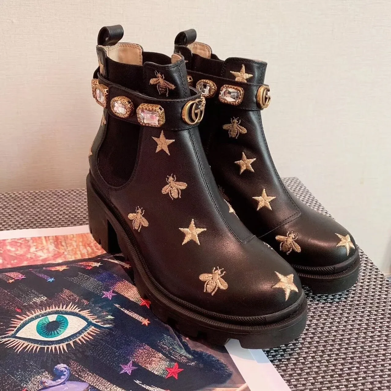 Gucci Star And Bee Embroidered Trip Ankle Boots Black