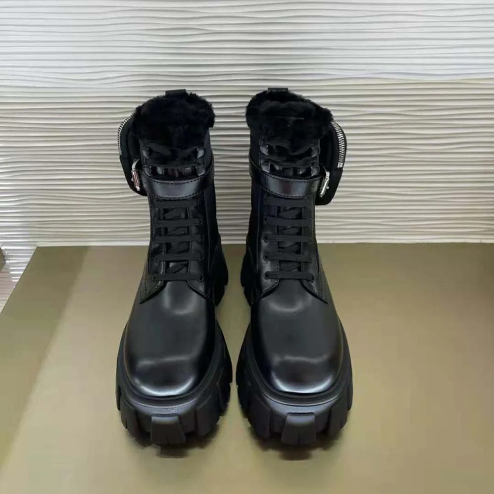 Prada Monolith Leather and Nylon Biker Boots for Women in Black