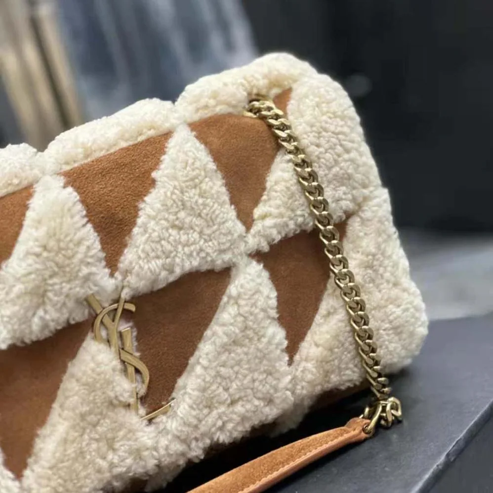 Saint Laurent YSL Jamie Medium Chain Bag “Carré Rive Gauche” in Suede and Shearling Patchwork for Women