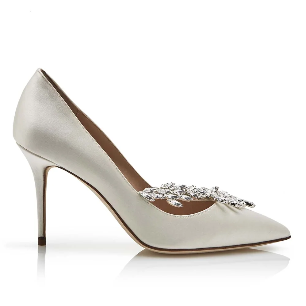 Manolo Blahnik Shoes Nadira Satin Jewel Buckle Pumps 90mm Heel for Women in White Manolo Blahnik Shoes Nadira Satin Jewel Buckle Pumps 90mm Heel for Women in White