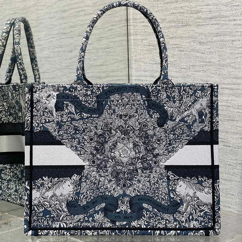 Dior Medium Dior Book Tote Blue Embroidery with White Dior Around the World Motif for Women Dior Medium Dior Book Tote Blue Embroidery with White Dior Around the World Motif for Women