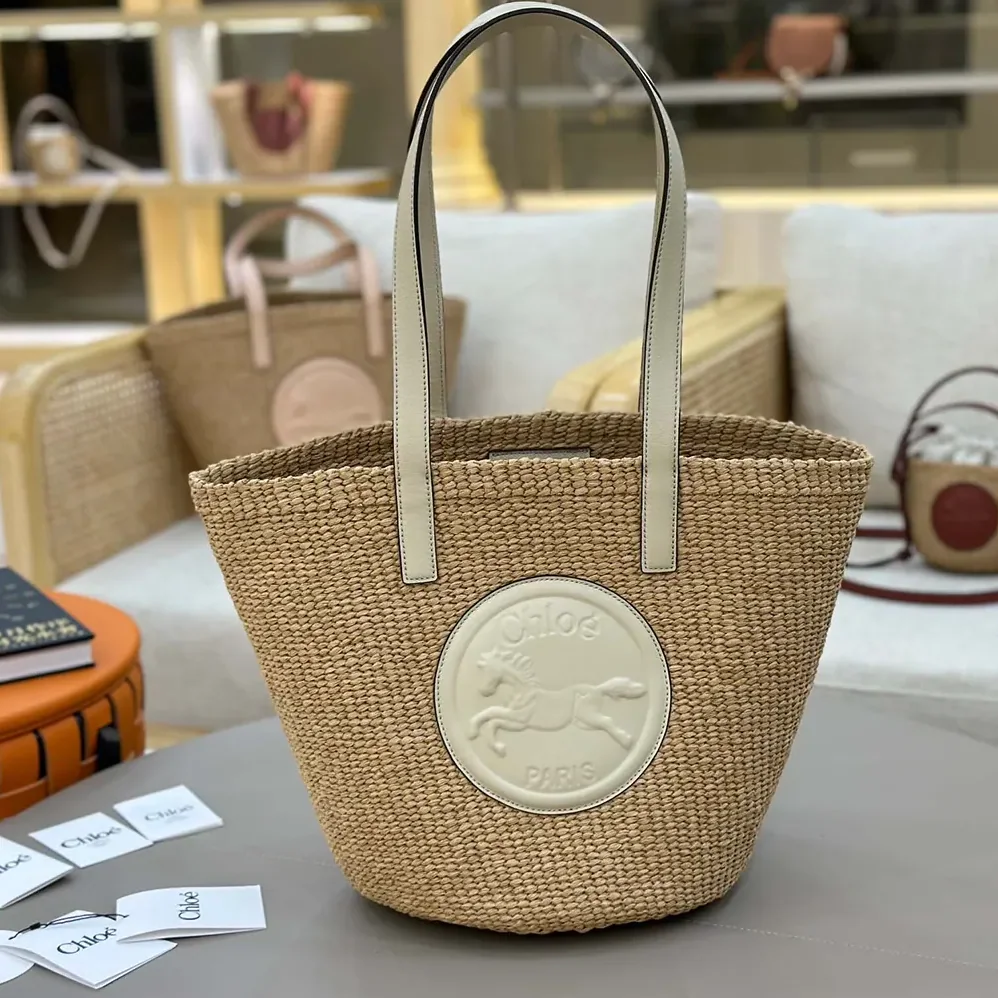 Chloe Large Horse Medal basket bag in Natural Fibers for Women in White Chloe Large Horse Medal basket bag in Natural Fibers for Women in White