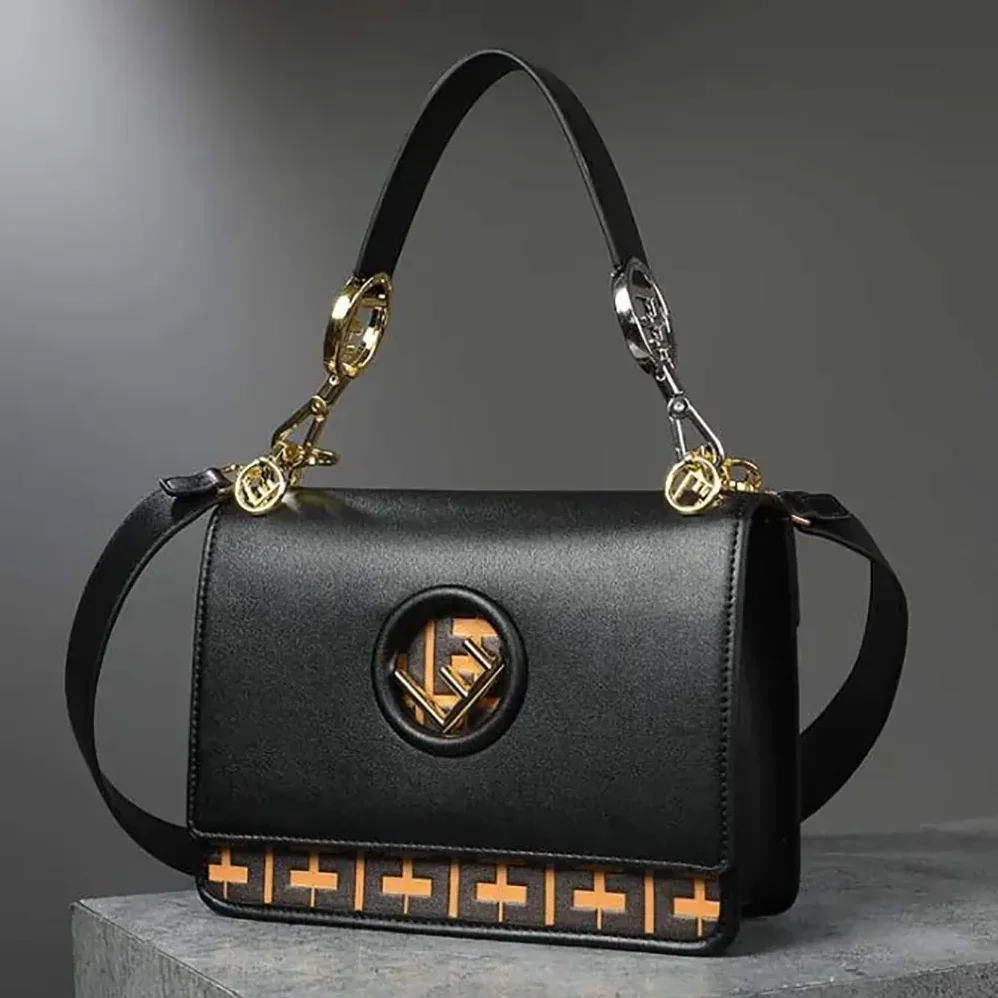Fendi Kan I F Leather Bag in Calfskin Leather for Women in Black Fendi Kan I F Leather Bag in Calfskin Leather for Women in Black