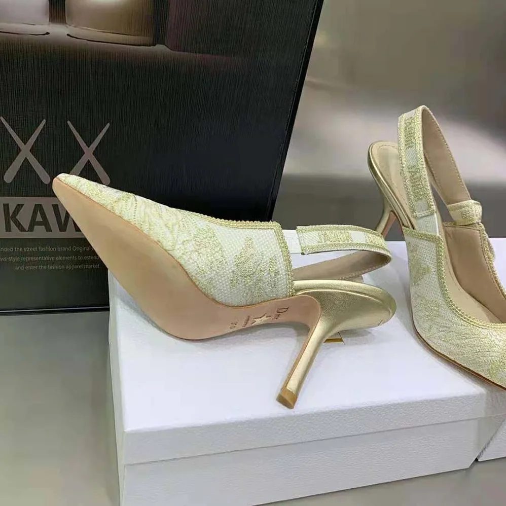 Dior J'Adior Slingback Pump White and Gold for Women in Tone Cotton Embroidered