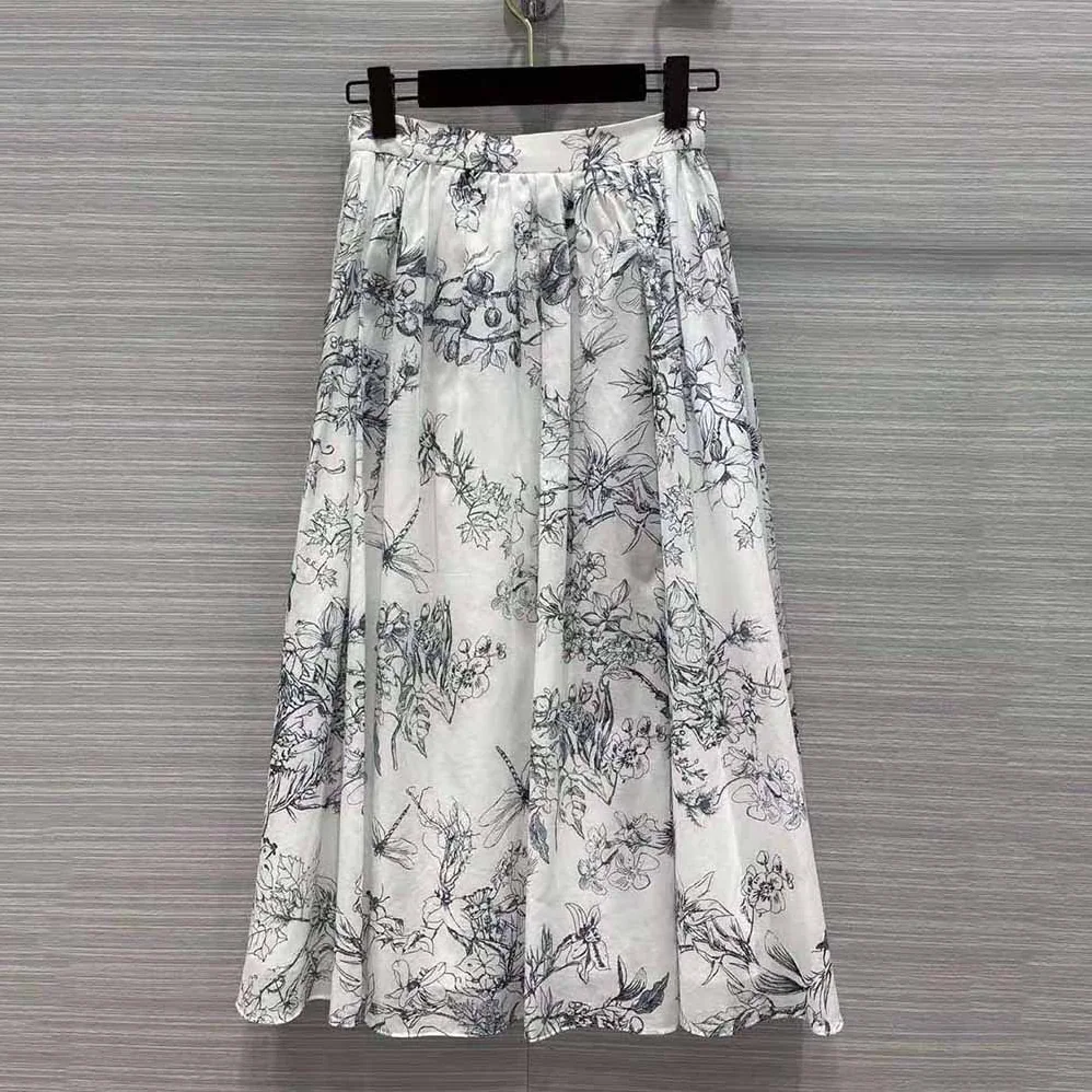 Dior Mid-Length Skirt Navy Blue Cotton Muslin with Toile de Jouy Flowers Motif for Women