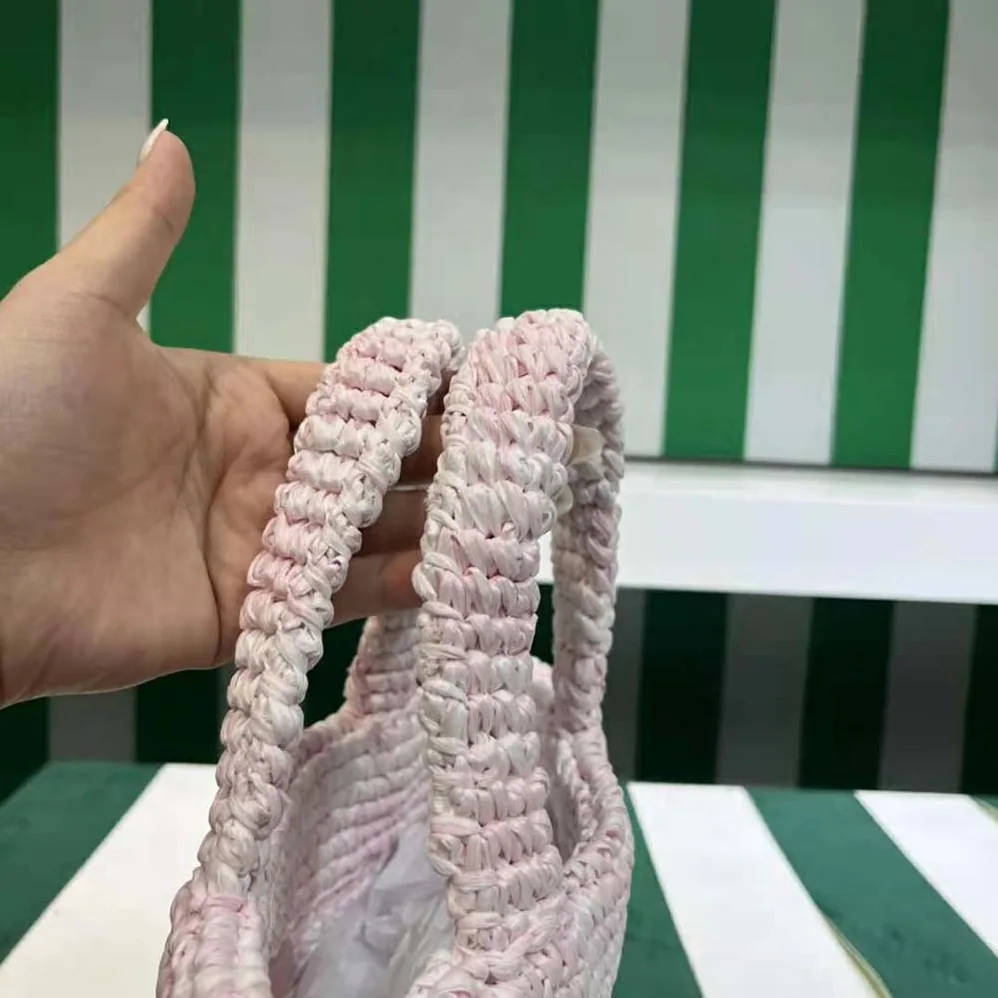 Prada Small Crochet Tote Bag with Embroidered Lettering Logo for Women in Pink Prada Small Crochet Tote Bag with Embroidered Lettering Logo for Women in Pink