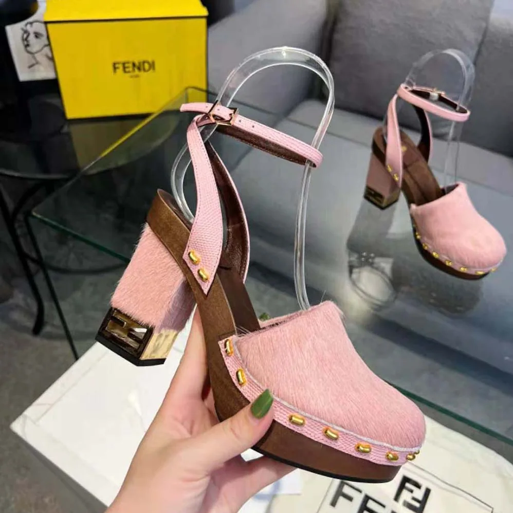 Fendi Baguette Show Pink Pony Hair High for Women in Heeled Clogs Fendi Baguette Show Pink Pony Hair High for Women in Heeled Clogs