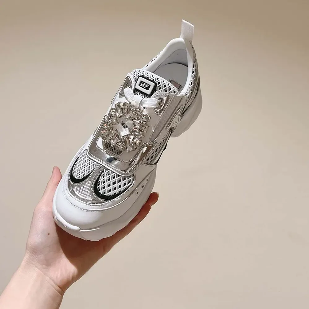 Roger Vivier Viv' on the Run Sneakers in Leather and Fabric for Women in White Roger Vivier Viv' on the Run Sneakers in Leather and Fabric for Women in White