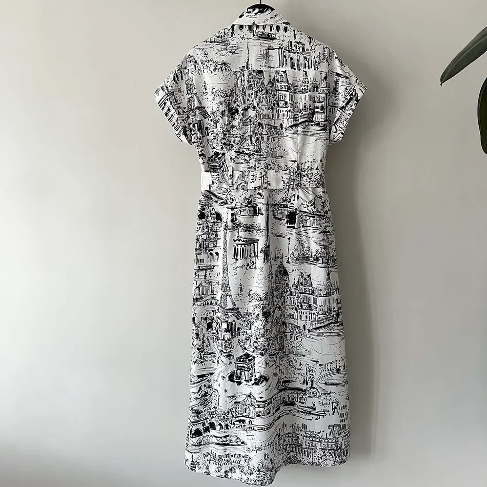 Dior Mid-Length Shirt Dress White and Black Cotton and Silk Poplin with Paris Allover Motif for Women Dior Mid-Length Shirt Dress White and Black Cotton and Silk Poplin with Paris Allover Motif for Women