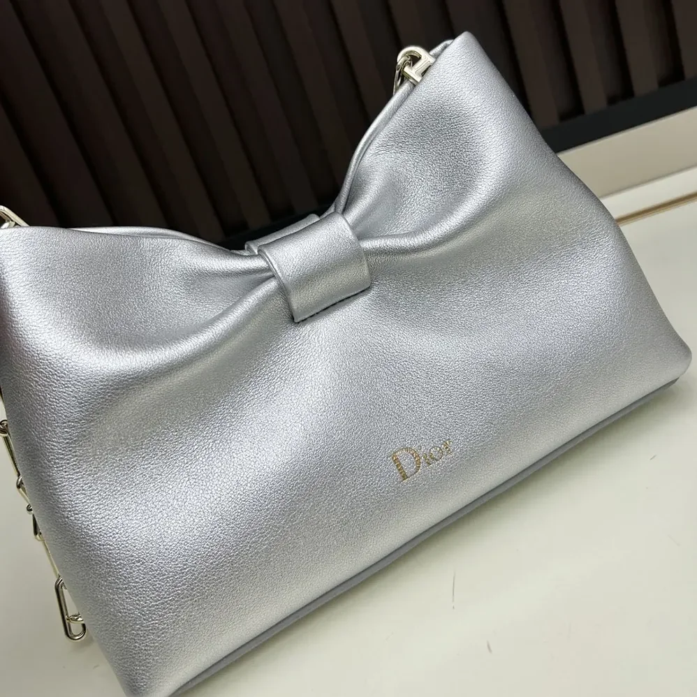 Dior Or Small Dior Bow Bag Silver for Women in Tone Laminated Lambskin