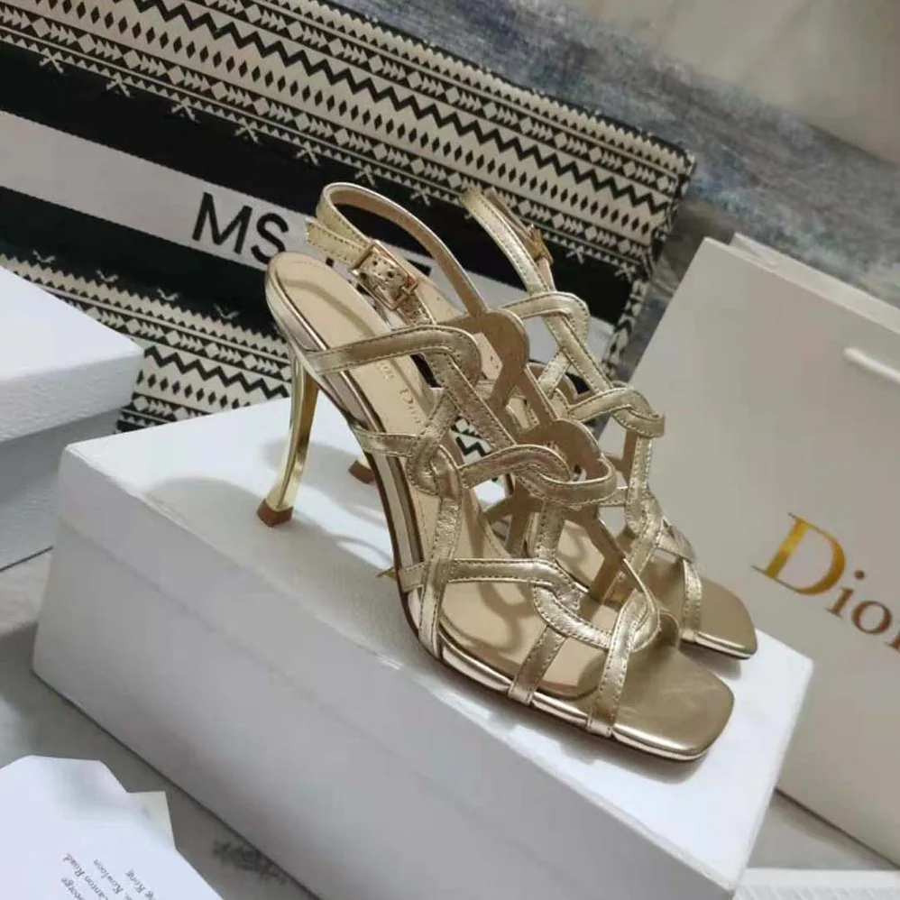 Dior D-Fame Heeled Sandal Gold for Women in Tone Laminated Lambskin