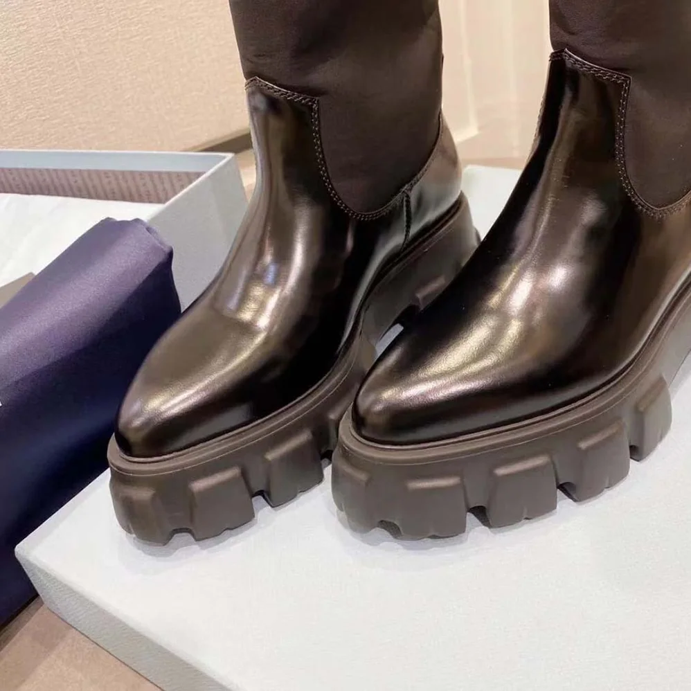 Prada Monolith Leather and Nylon Boots for Women in Black Prada Monolith Leather and Nylon Boots for Women in Black