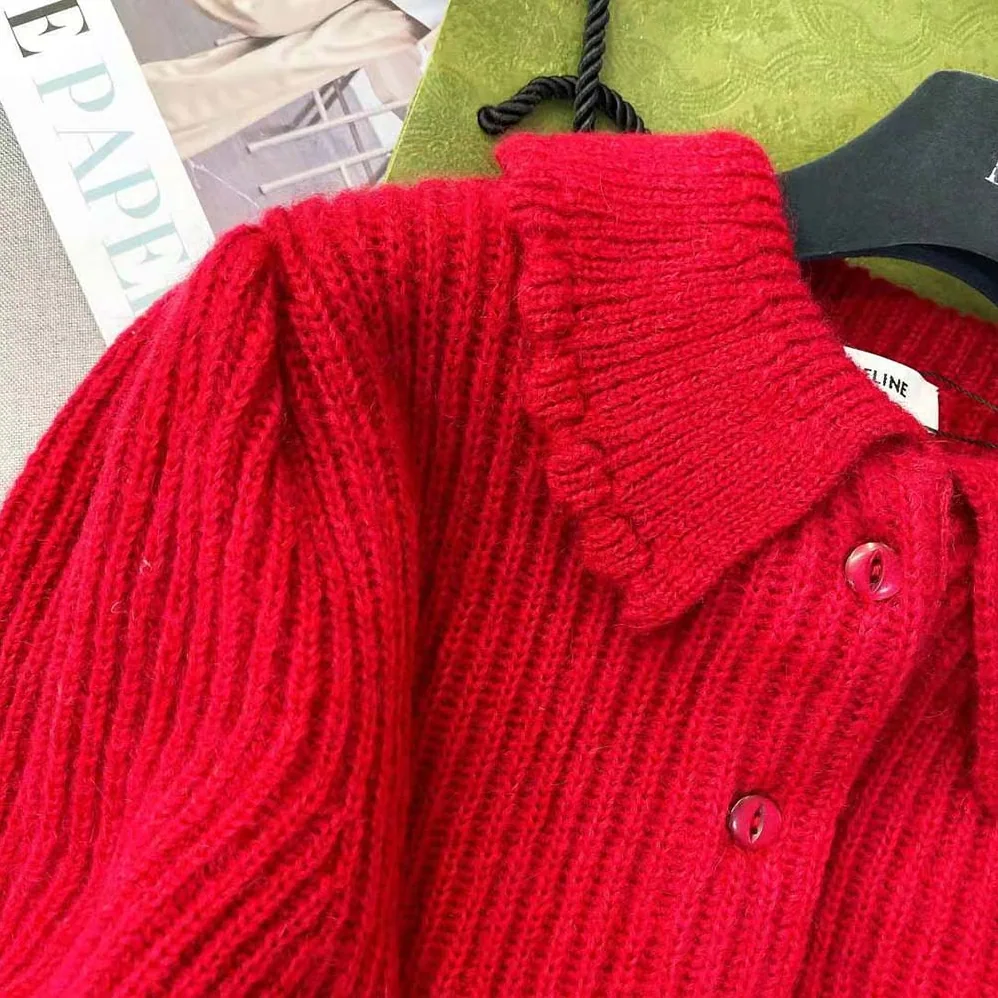 Celine Frilled Collar Cardigan in Silk and Mohair for Women in Red