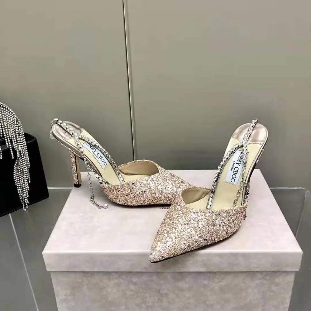 Jimmy Choo Saeda 100 Rose Coarse Glitter Fabric Pumps for Women Jimmy Choo Saeda 100 Rose Coarse Glitter Fabric Pumps for Women