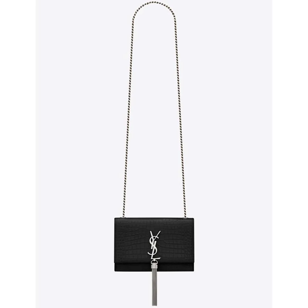 Saint Laurent YSL Kate Small Tassel Embossed Crocodile Shiny Calfskin for Women in Black