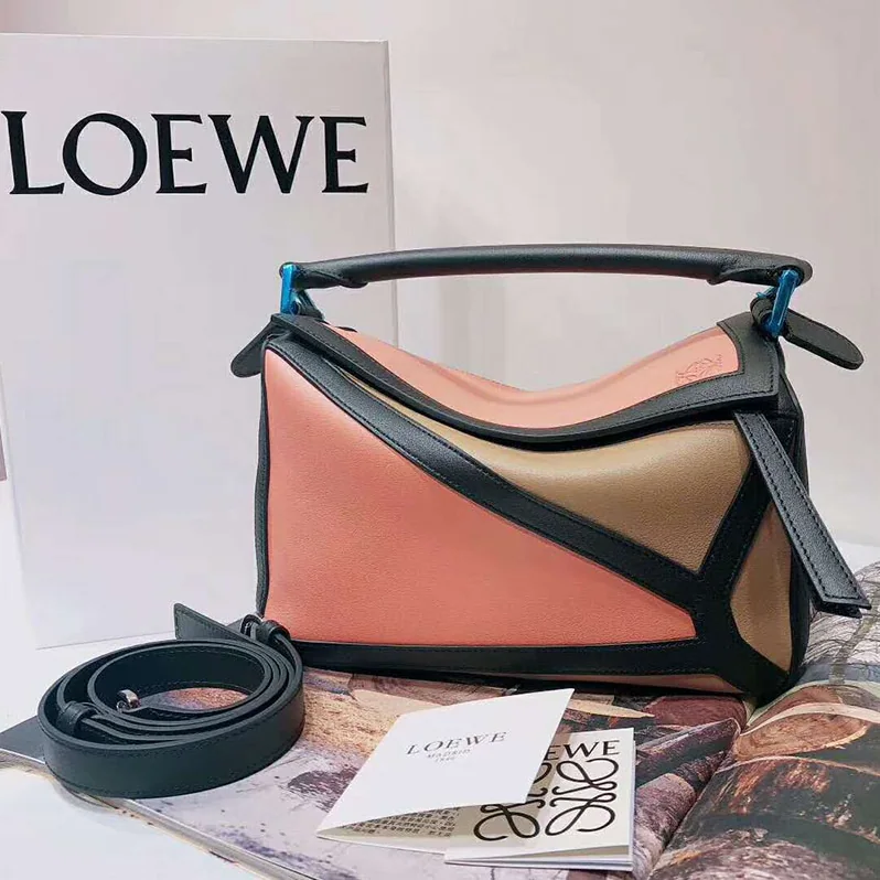 Loewe Puzzle Graphic Small Bag Pink Tulip for Women in Mocca Loewe Puzzle Graphic Small Bag Pink Tulip for Women in Mocca