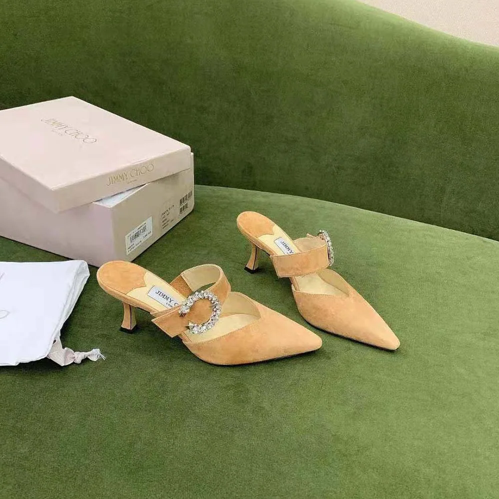 Jimmy Choo Marta 70 Caramel Suede Mules with Crystal Buckle for Women Jimmy Choo Marta 70 Caramel Suede Mules with Crystal Buckle for Women