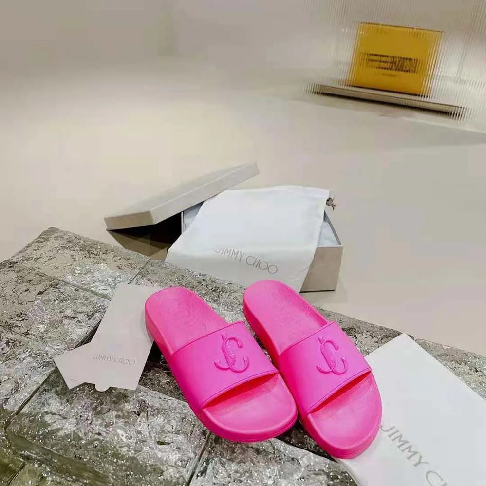 Jimmy Choo Port/F Neon Pink Rubber Slides with JC Monogram for Women Jimmy Choo Port/F Neon Pink Rubber Slides with JC Monogram for Women