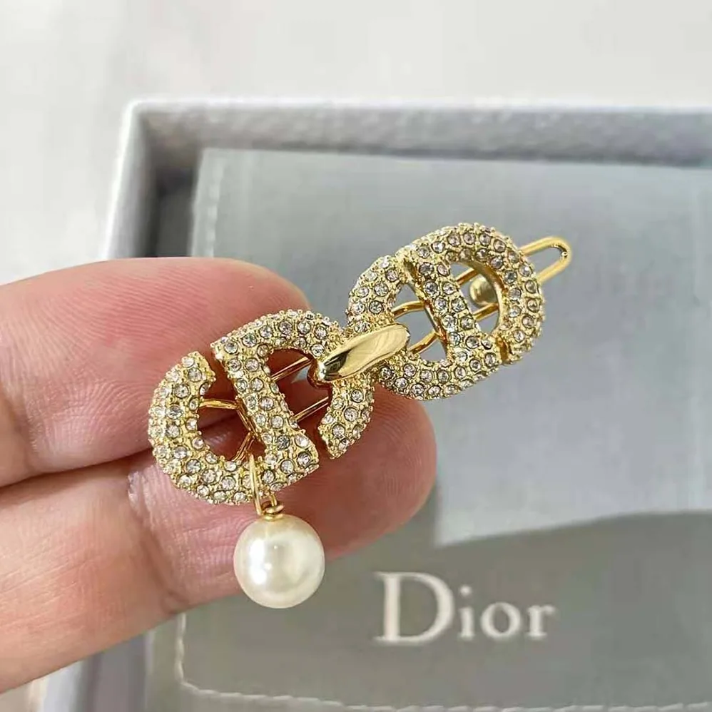 Dior CD Navy Barrette Gold-Finish Metal and White Crystals for Women
