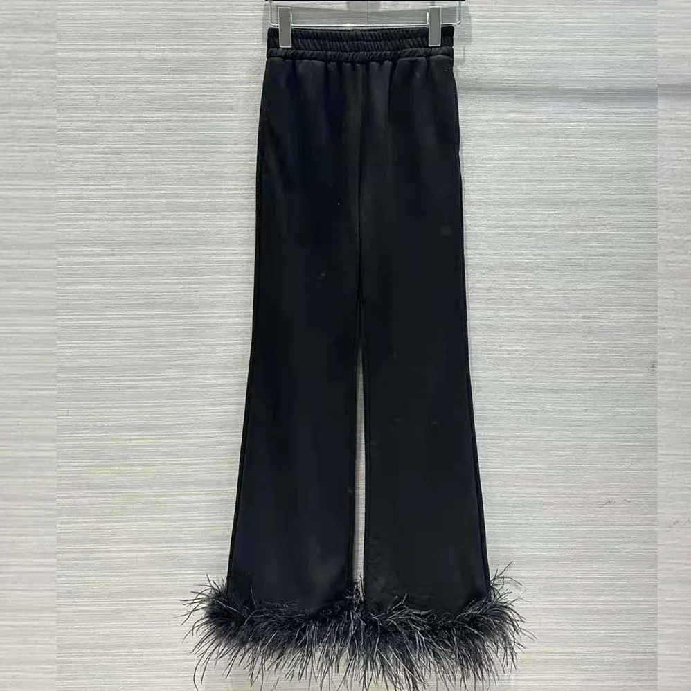 Prada Cotton Fleece Joggers with Feather Trim for Women in Black Prada Cotton Fleece Joggers with Feather Trim for Women in Black