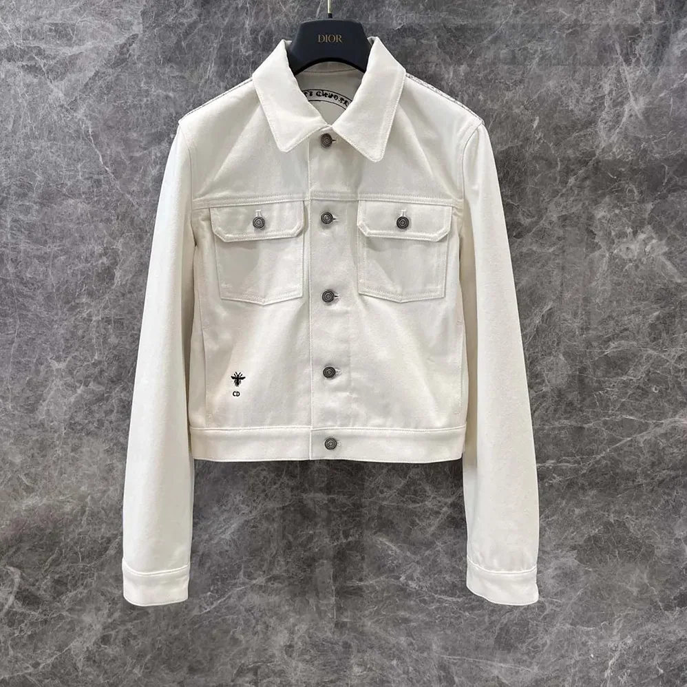 Dior Jacket White Cotton Denim with Gold-Tone Dior Around the World Motif for Women Dior Jacket White Cotton Denim with Gold-Tone Dior Around the World Motif for Women