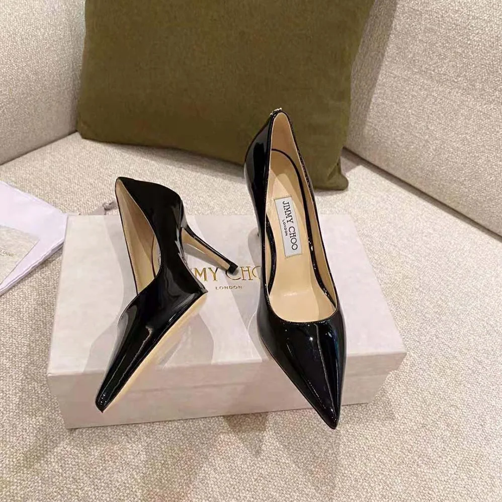 Jimmy Choo Love 100 Black Patent Leather Point-Toe Pumps with JC Emblem for Women Jimmy Choo Love 100 Black Patent Leather Point-Toe Pumps with JC Emblem for Women