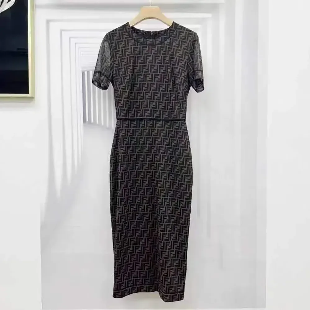 Fendi Brown Micro Mesh Dress with Pared for Women in Down Silhouette