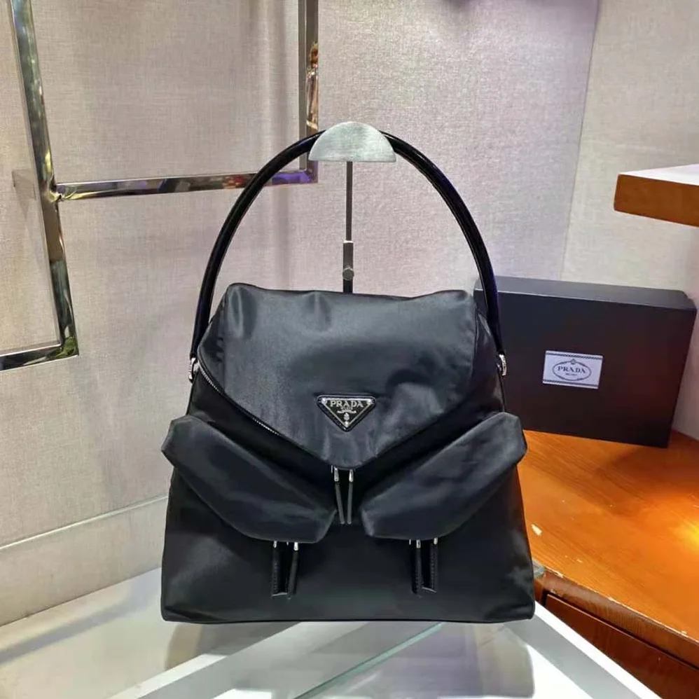 Prada Signaux Nylon and Leather Hobo Bag for Women in Black