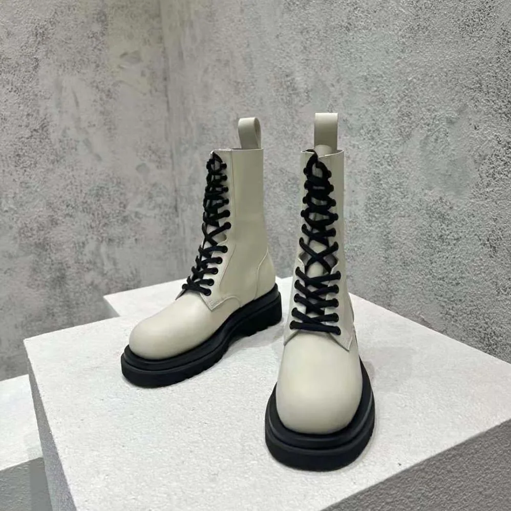 Bottega Veneta Lug Lace-Up Boot in Calfskin Leather for Women in White Bottega Veneta Lug Lace-Up Boot in Calfskin Leather for Women in White