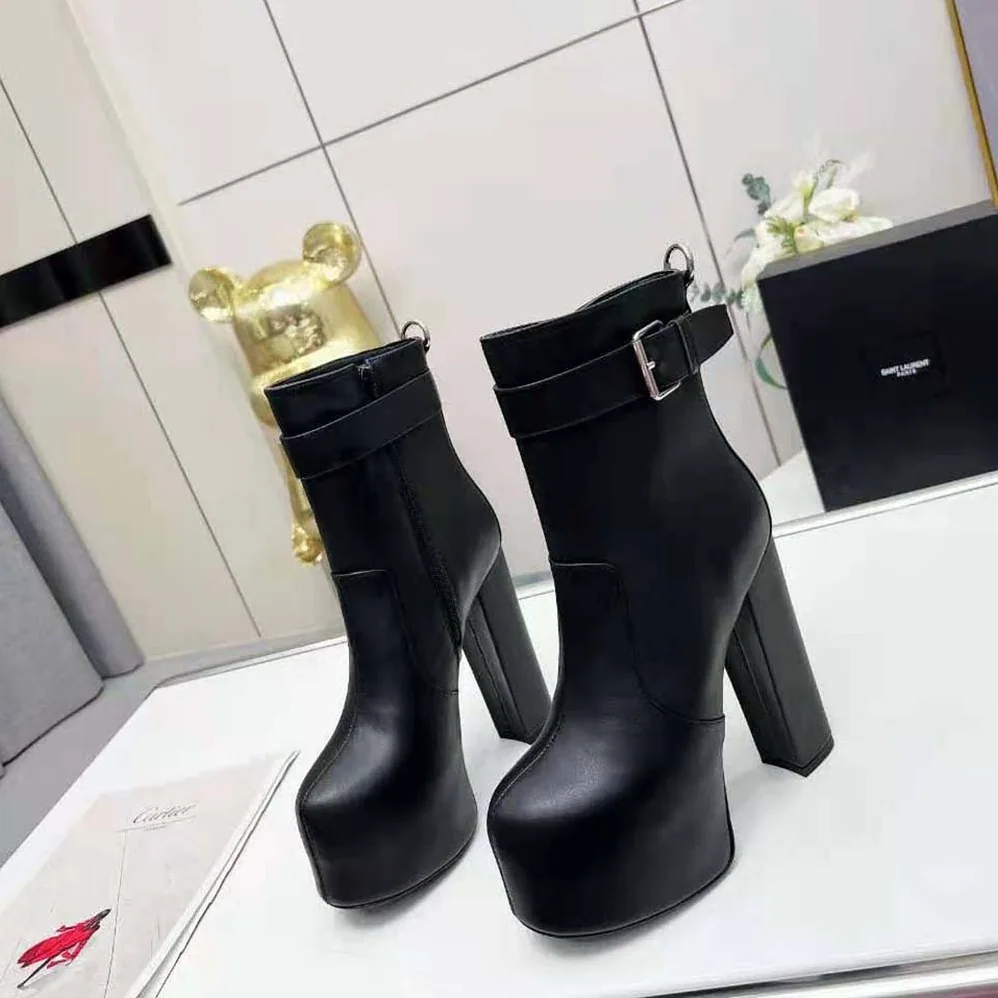 Saint Laurent YSL Cherry Buckle Platform Booties in Smooth Leather for Women
