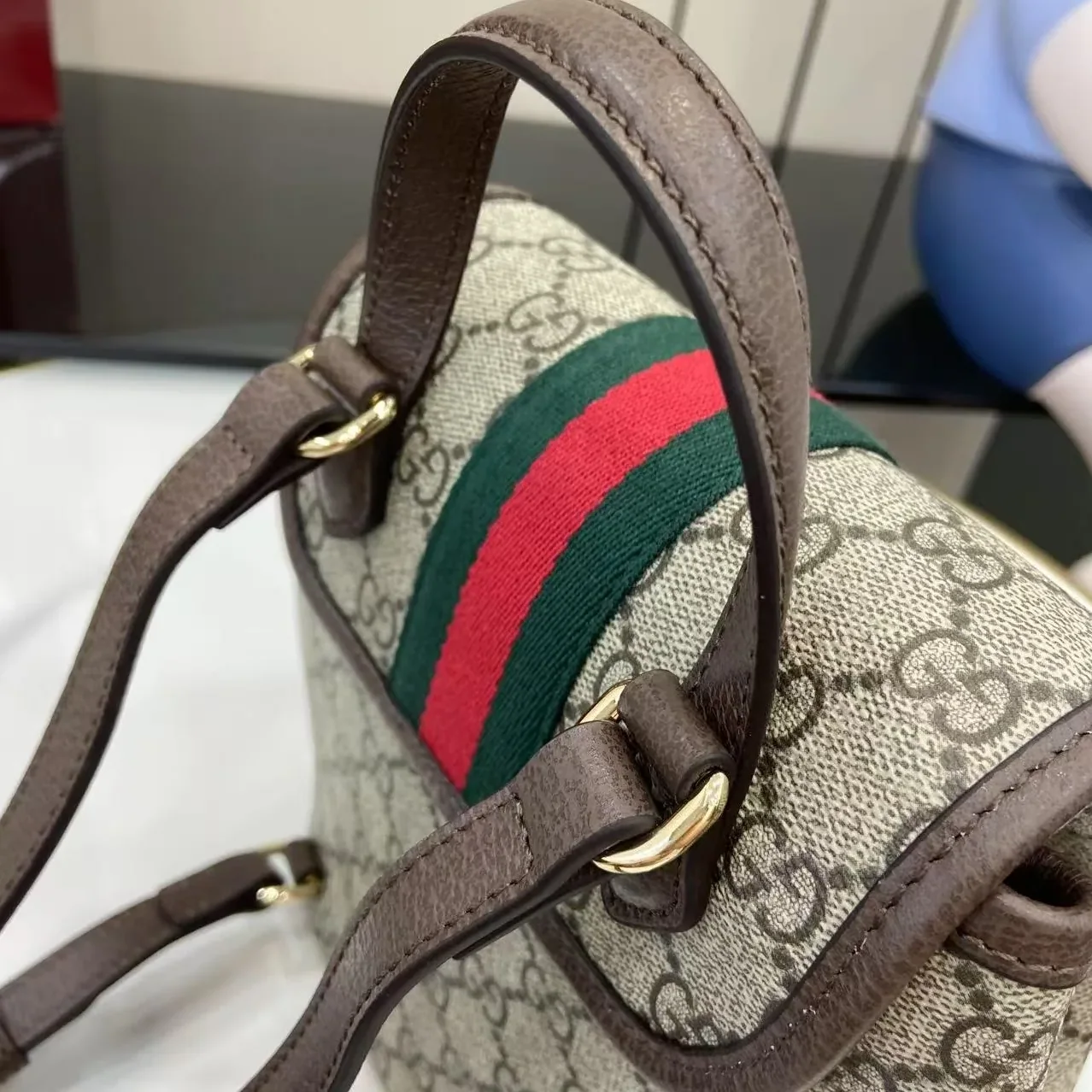 Gucci Ophidia Mini Backpack / Beige/ Dark Brown Gold Hardware