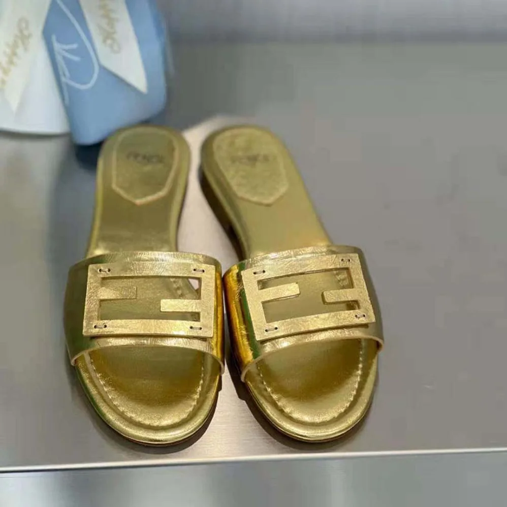 Fendi Baguette Gold Nappa Leather Slides for Women Fendi Baguette Gold Nappa Leather Slides for Women
