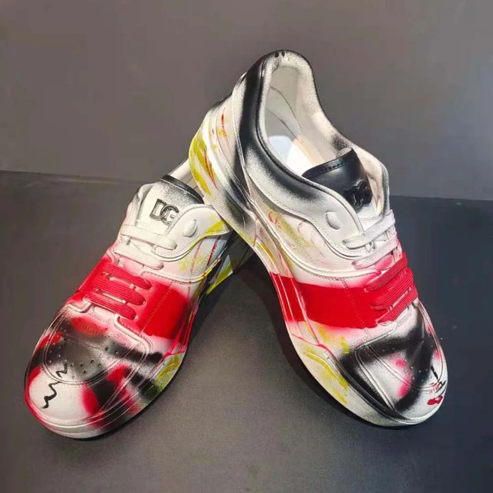 Dolce Gabbana D&G Calfskin New Roma Sneakers with Spray for Unisex in Paint Graffiti Print Dolce Gabbana D&G Calfskin New Roma Sneakers with Spray for Unisex in Paint Graffiti Print
