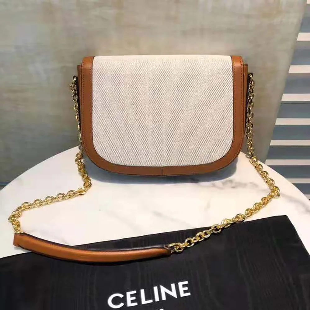 Celine Medium Chain Maillon Triomphe Bag in Textile and Calfskin for Women Celine Medium Chain Maillon Triomphe Bag in Textile and Calfskin for Women