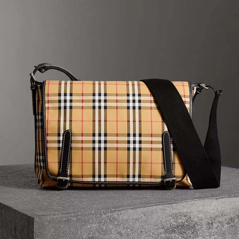 Burberry Large Leather Trim Vintage Check Messenger Bag for Men