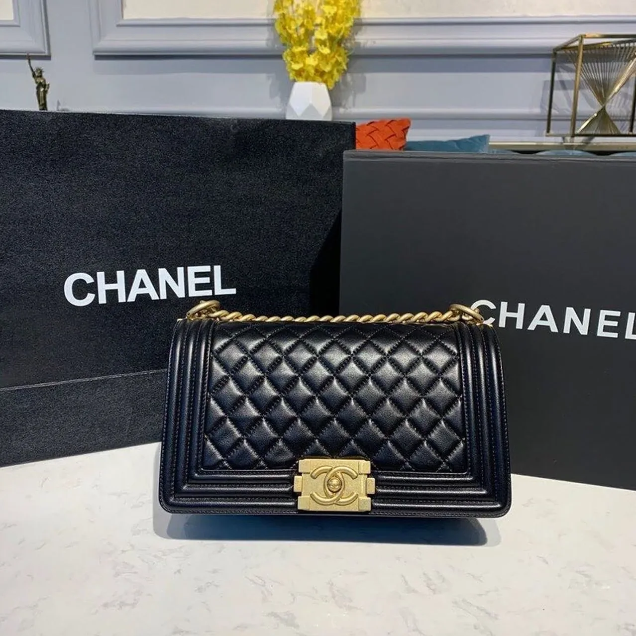 Chanel Boy Medium Crossbody Bag in Black Gold Hardware