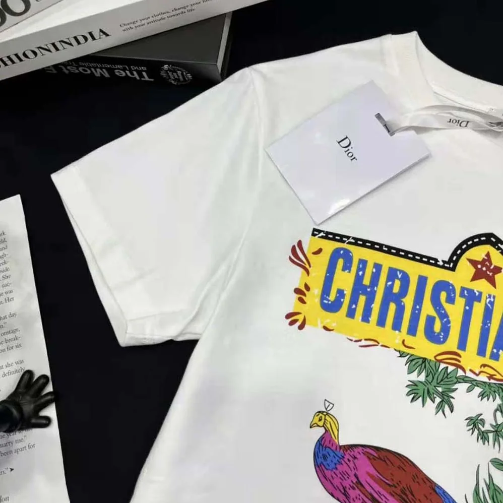 Dior T-shirt White Cotton and Linen Jersey with Multicolor Indian Animals Peacock Motif for Men