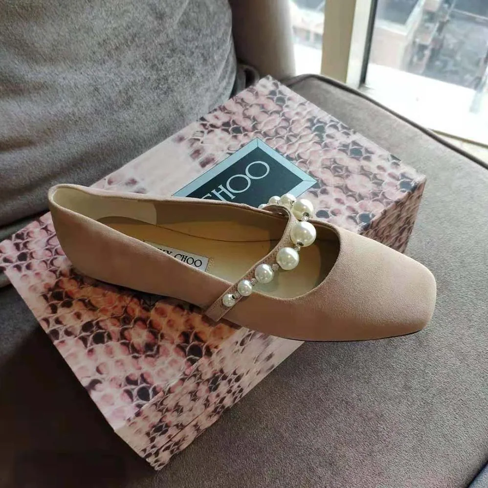 Jimmy Choo Ade Flat Ballet Pink Suede Flats with Pearl Embellishment for Women Jimmy Choo Ade Flat Ballet Pink Suede Flats with Pearl Embellishment for Women