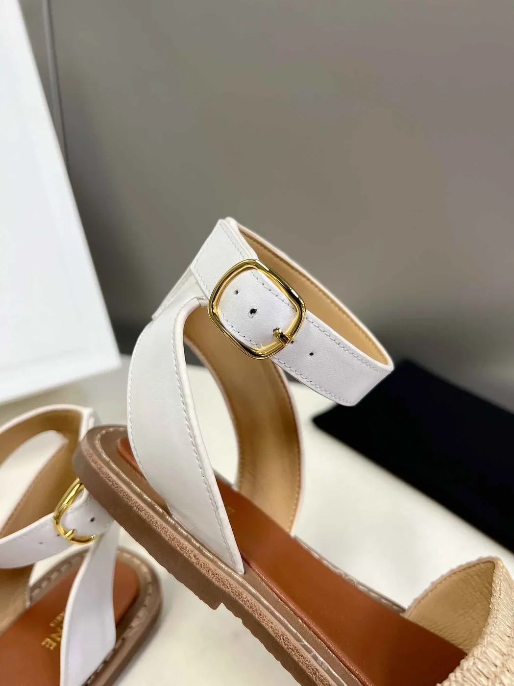Celine Lympia Flat Strap Sandal In Raffia White .02GH