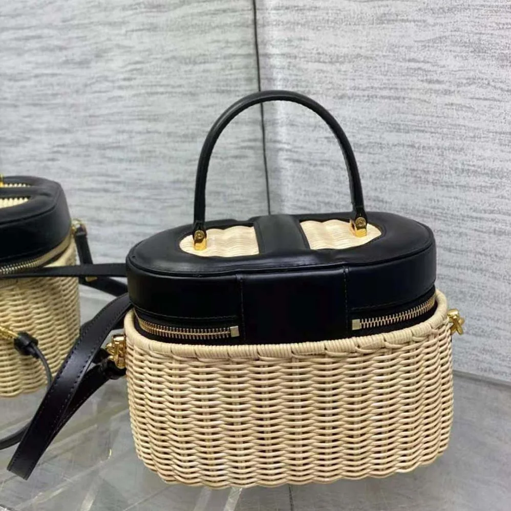 Dior Medium CD Signature Vanity Case Natural Wicker and Black Calfskin for Women