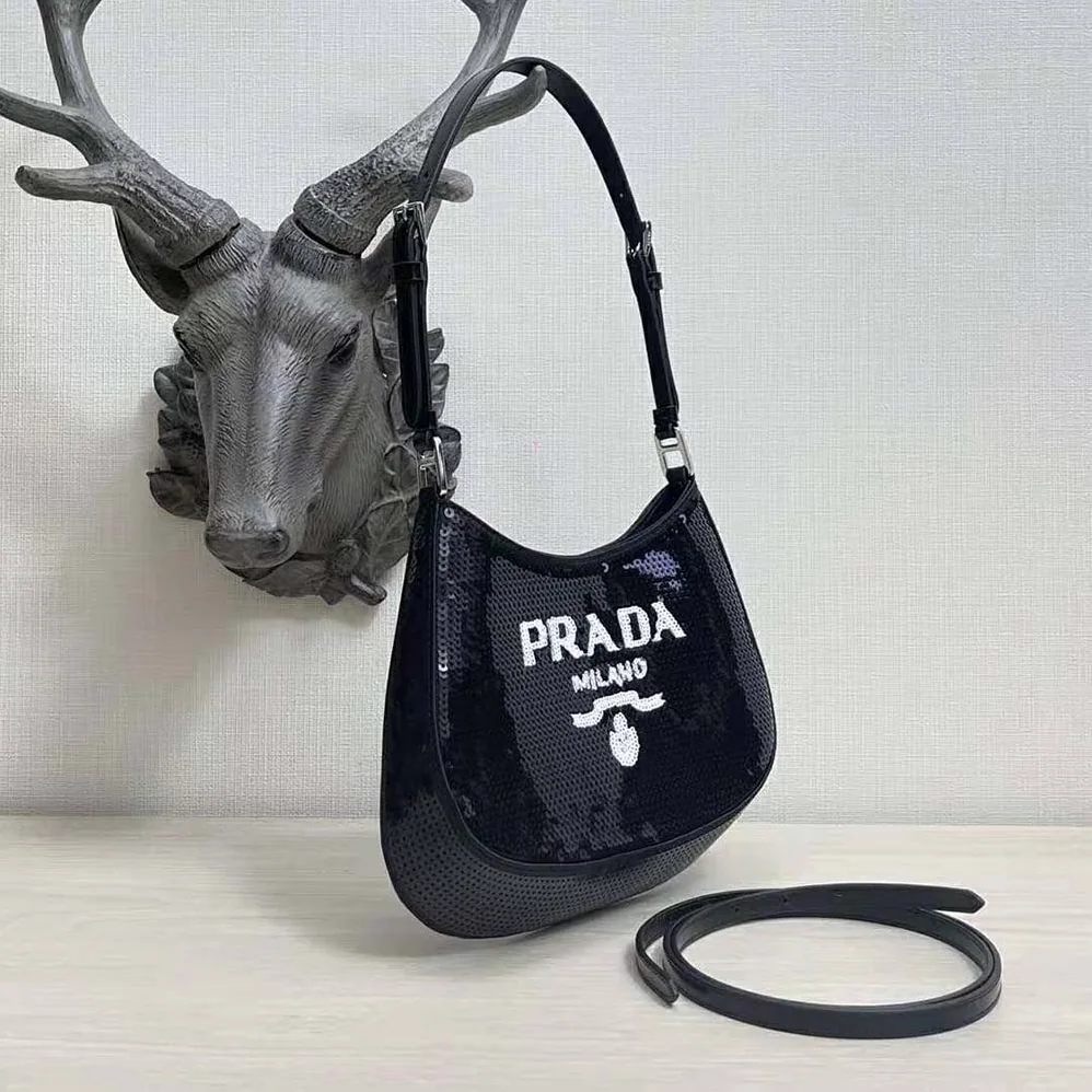 Prada Cleo Sequined Bag with Embroidered Lettering Logo on the Front for Women