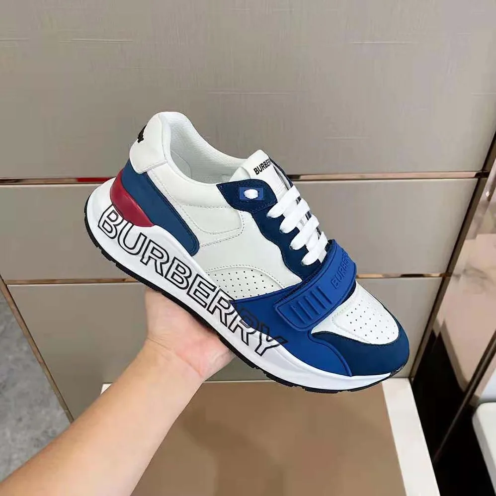 Burberry Logo Print Leather Sneakers for Men in Blue Burberry Logo Print Leather Sneakers for Men in Blue