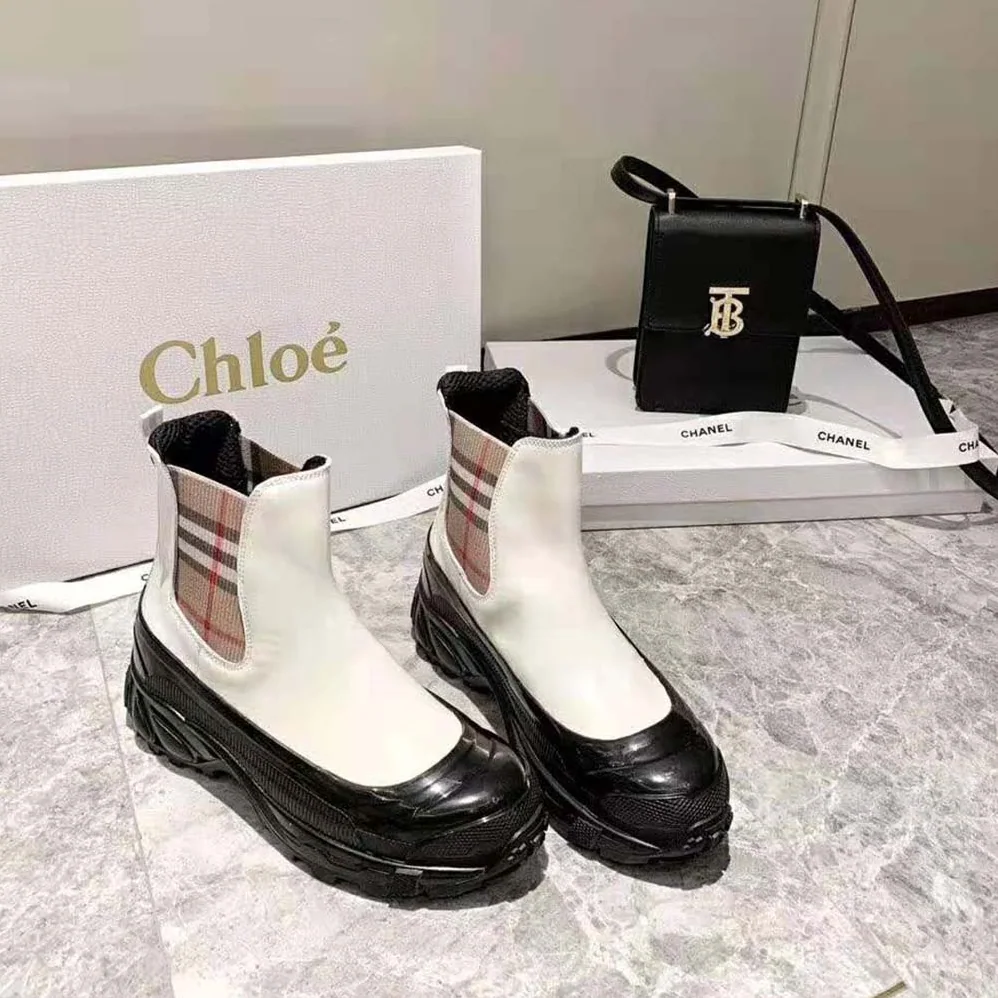 Burberry Vintage Check Detail Coated Canvas Chelsea Boots for Women in White