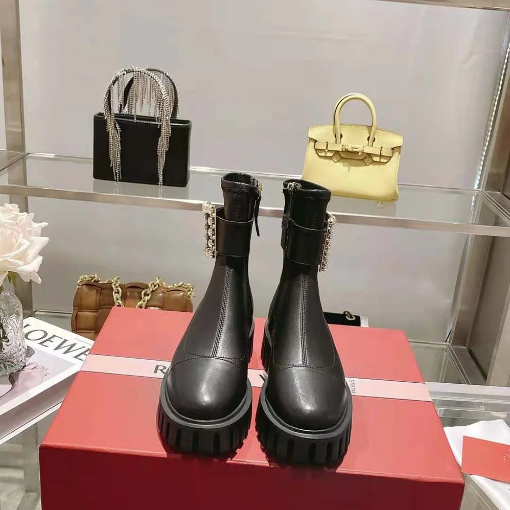 Roger Vivier Viv' Go-Thick Rhinestone Buckle Stretch Ankle Boots in Soft Leather for Women Roger Vivier Viv' Go-Thick Rhinestone Buckle Stretch Ankle Boots in Soft Leather for Women