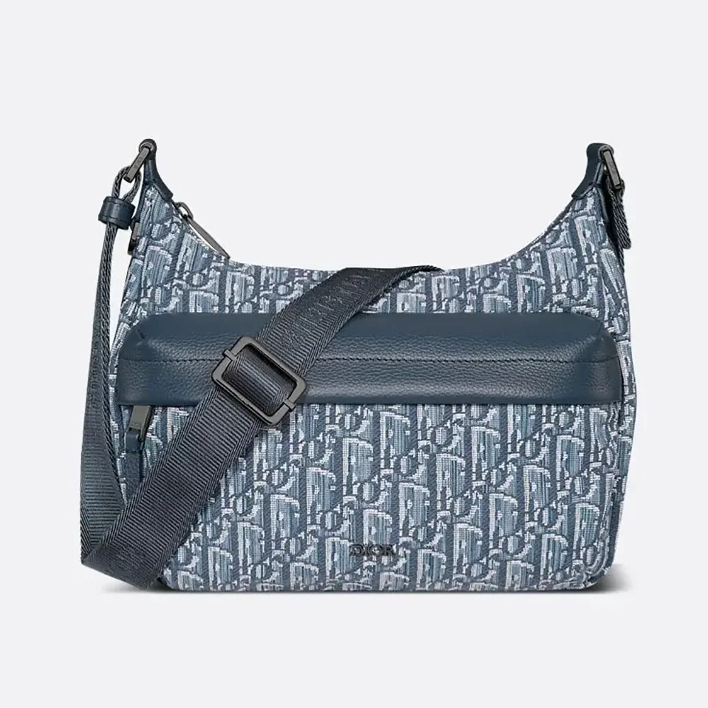 Dior Small Rider Soft Hobo Bag Blue Dior Oblique Jacquard and Blue Grained Calfskin for Men