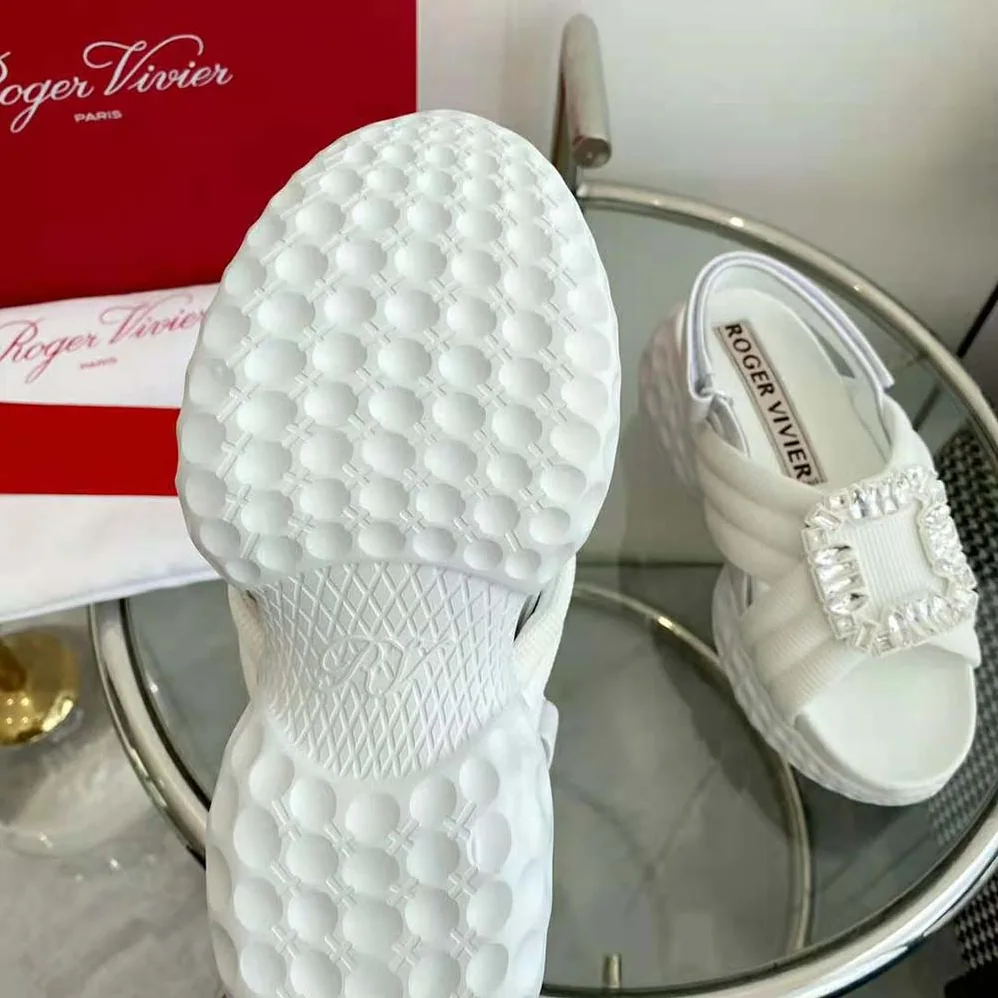 Roger Vivier Viv' Run Light Strass Buckle Sandals in Fabric for Women in White