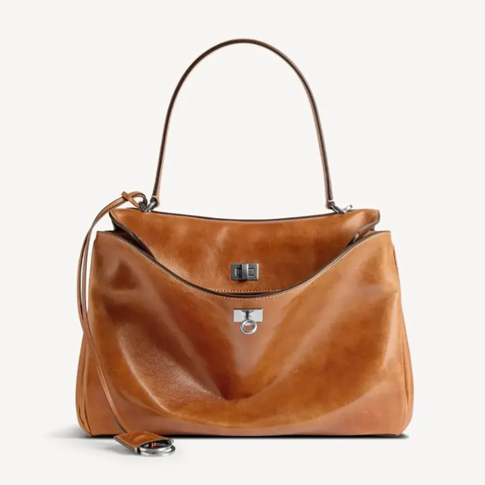 Balenciaga Rodeo Handbag Medium in Tan Cowboy Vegetable Tanned Lambskin Aged for Women in silver Hardware