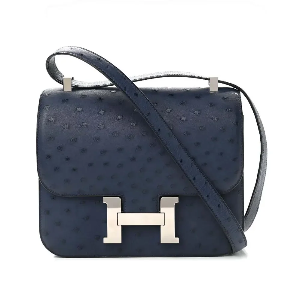 Hermes Constance 19 Bag Nata Ostrich Leather for Women in Navy/Silver
