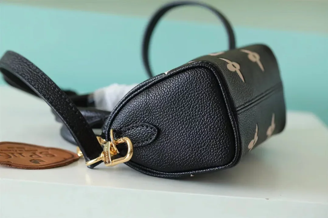 Louis Vuitton Nano Speedy Top Handle Bag / Black/ Beige Monogram Empreinte Gold Hardware